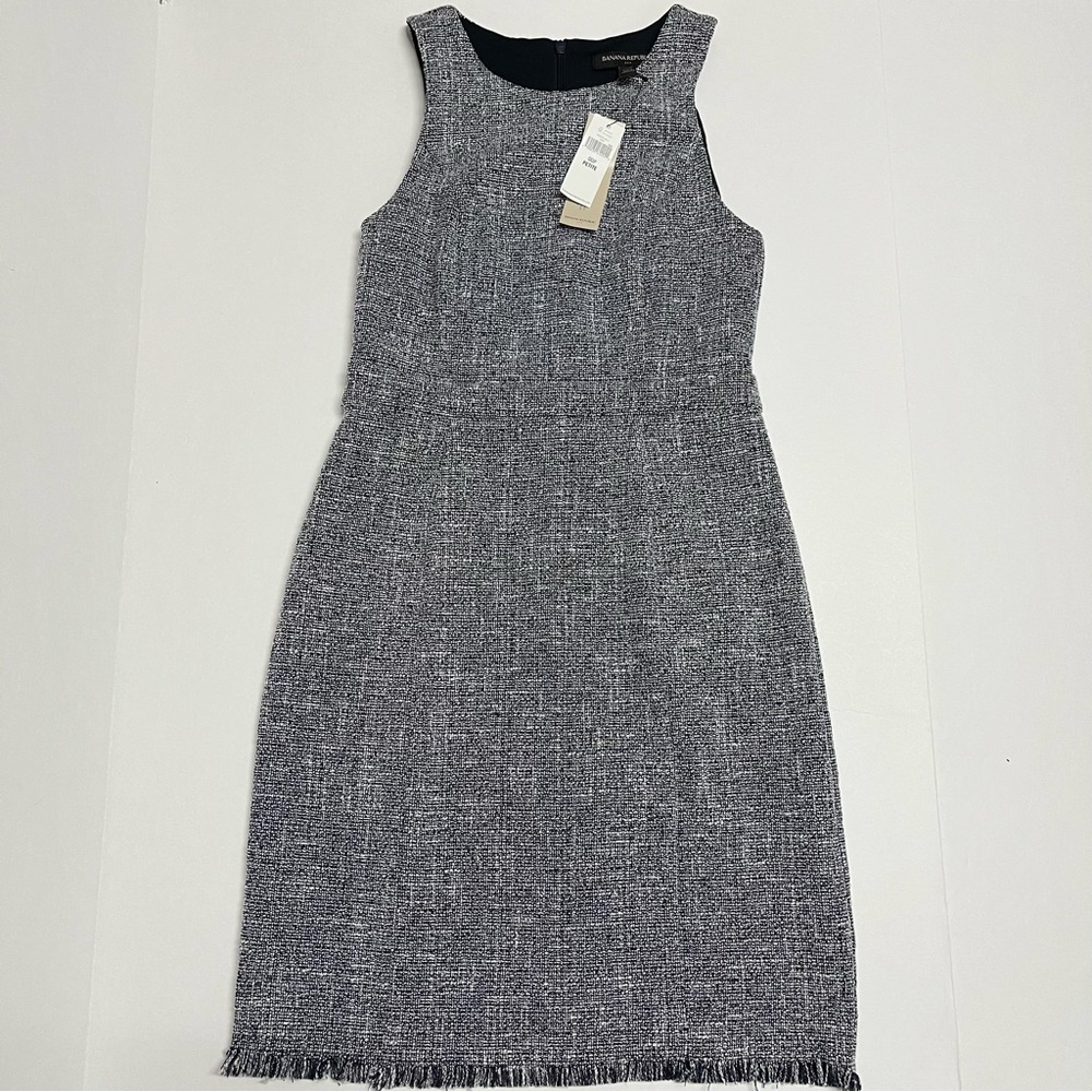 Banana Republic Factory Sheath Dress Sz 00P Sleeveless Zip Back Slit White Blue